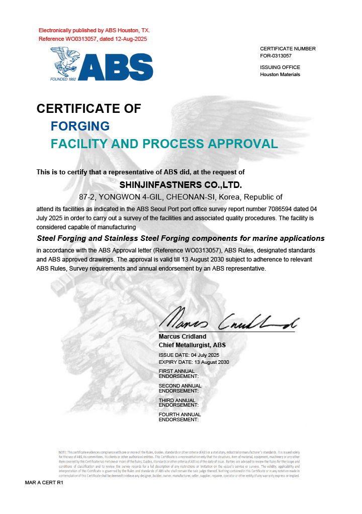 ABS_Certificate of Forging Facility and Process Approval